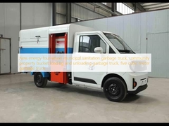 Nieuwe energie vierwielige vuilniswagen voor gemeentelijke sanitaire voorzieningen, vuilniswagen voor het laden en lossen van emmers op gemeenschappelijk terrein, vuilniswagen van vijf kubieke meter